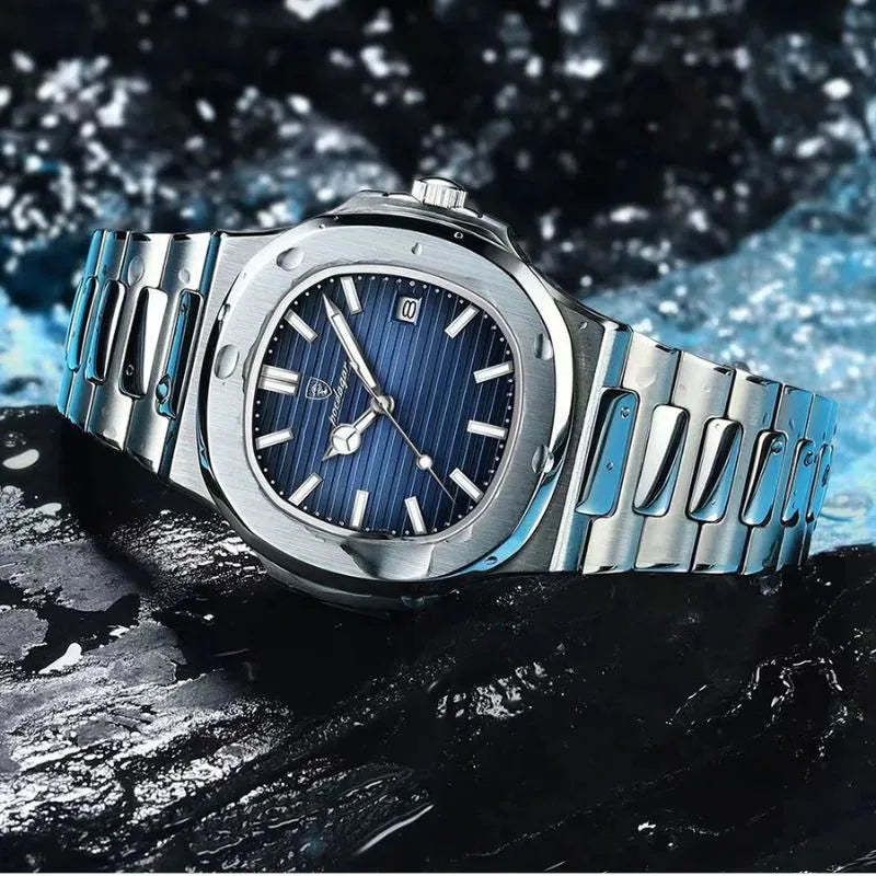Relógio masculino Poedagar Nautilus Blue em aço inoxidável, mostrador azul — vista do conjunto