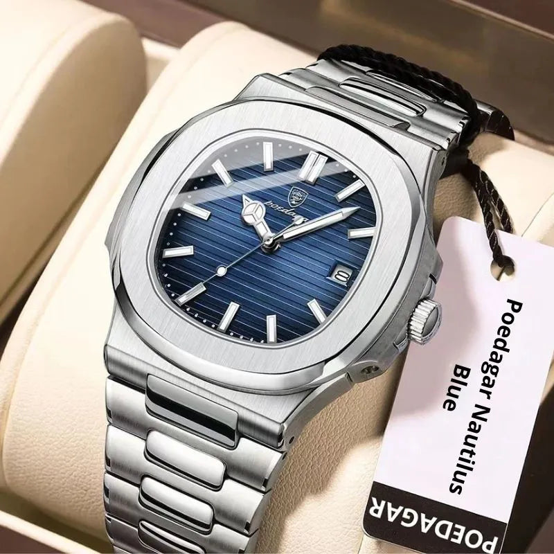 Relógio masculino Poedagar Nautilus Blue em aço inoxidável, mostrador azul — detalhe do design