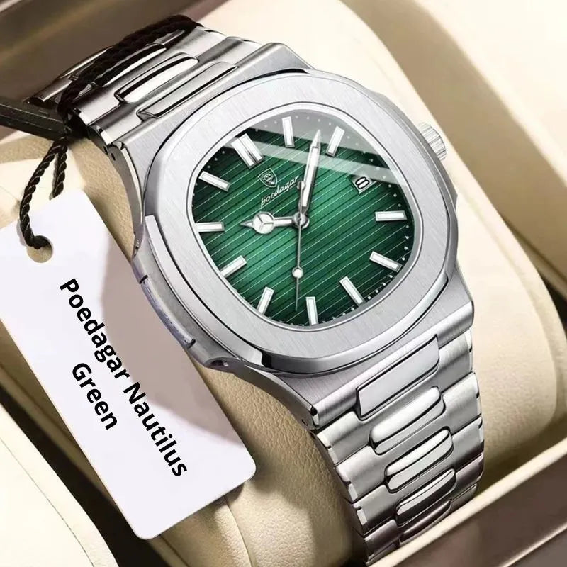 Relógio masculino Poedagar Nautilus Green em aço inoxidável, mostrador verde — detalhe do acabamento