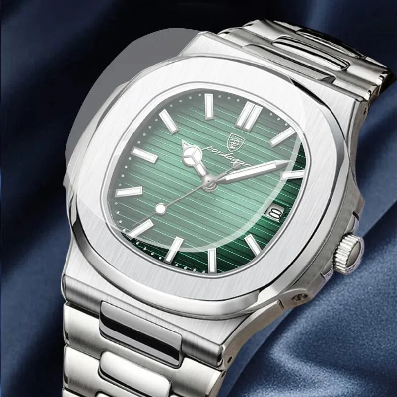 Relógio masculino Poedagar Nautilus Green em aço inoxidável, mostrador verde — detalhe do design