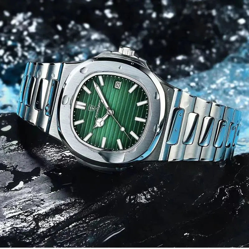 Relógio masculino Poedagar Nautilus Green em aço inoxidável, mostrador verde — outro ângulo