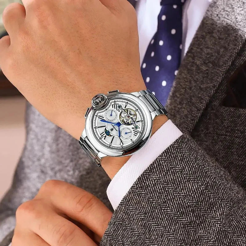 Relógio masculino Poedagar Nobile del Tempo White em aço inoxidável, mostrador branco — detalhe do acabamento