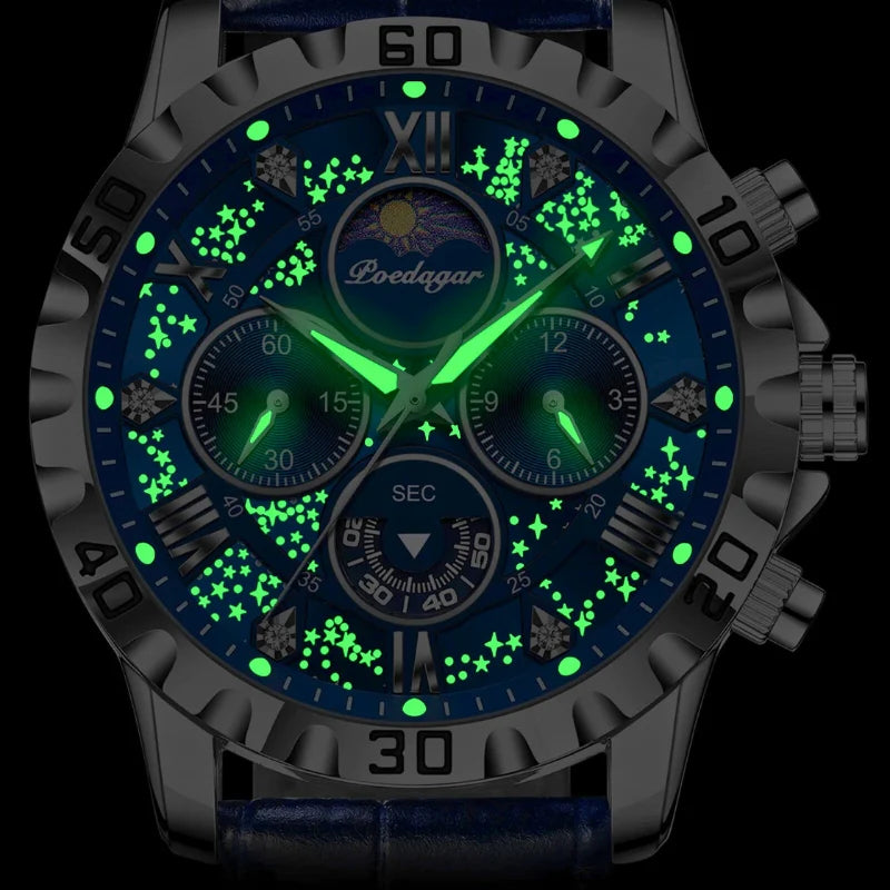 Relógio masculino Poedagar Notte Stellata em couro, mostrador azul-marinho — detalhe do design