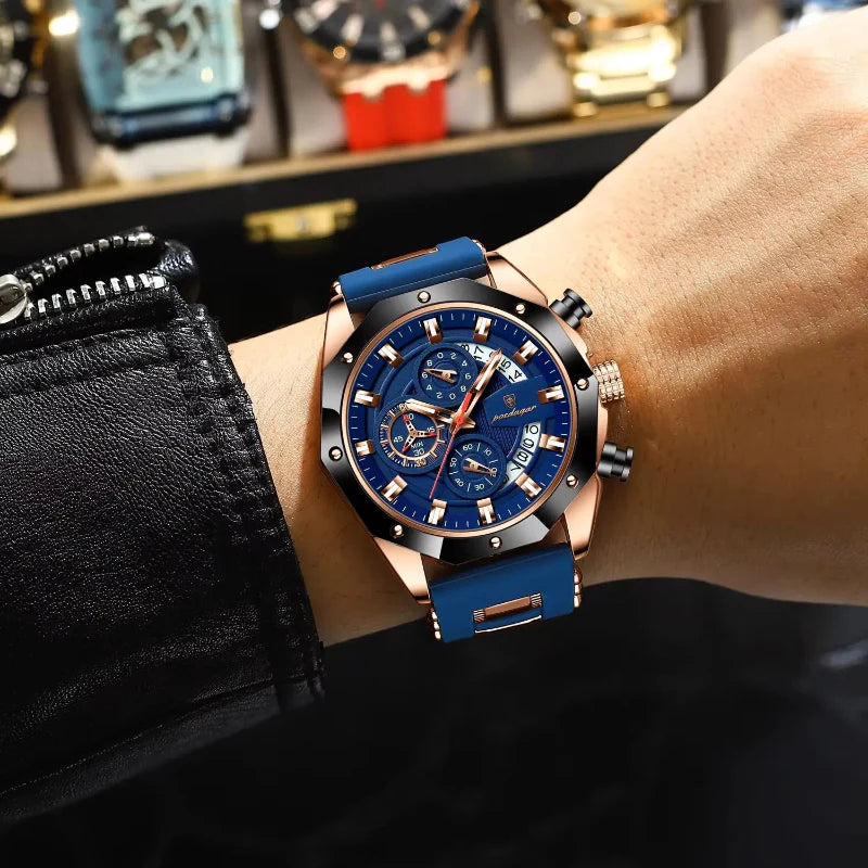 Relógio masculino Poedagar Philippe Rose Gold Edition em silicone, mostrador dourado — vista detalhada