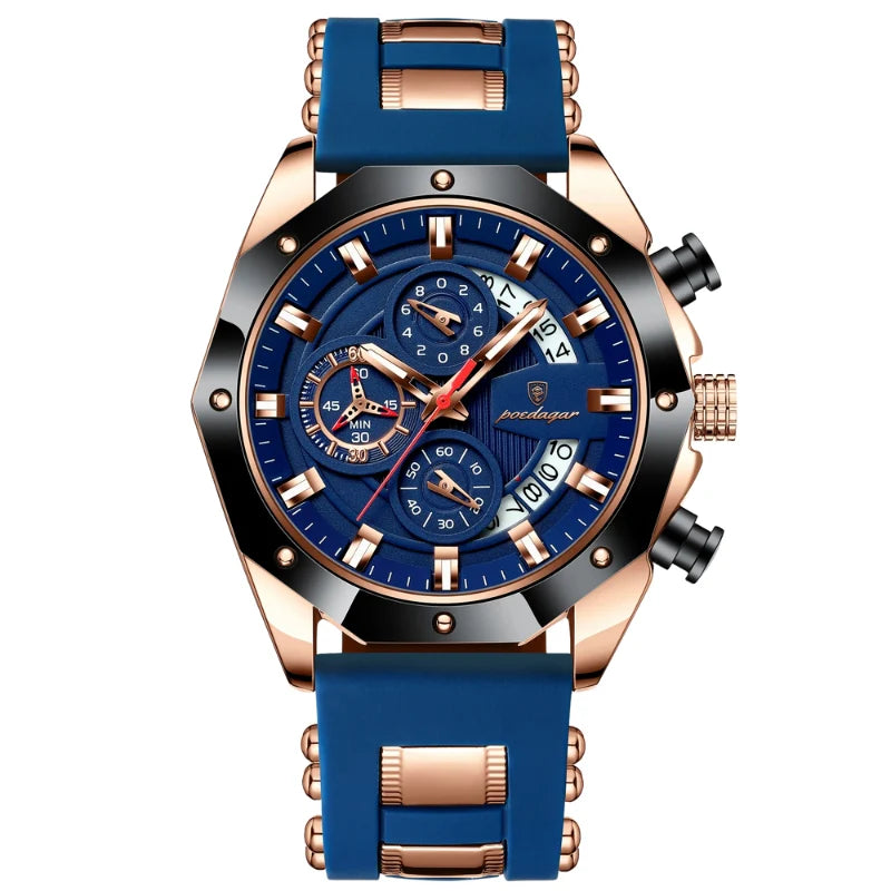 Relógio masculino Poedagar Philippe Rose Gold Edition em silicone, mostrador dourado