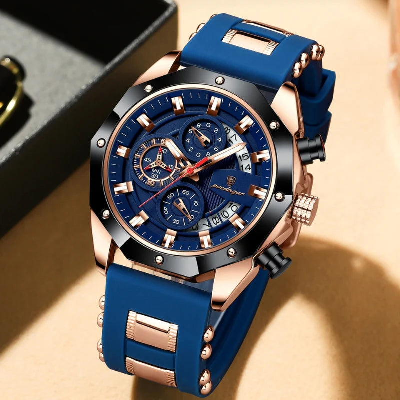 Relógio masculino Poedagar Philippe Rose Gold Edition em silicone, mostrador dourado — outro ângulo