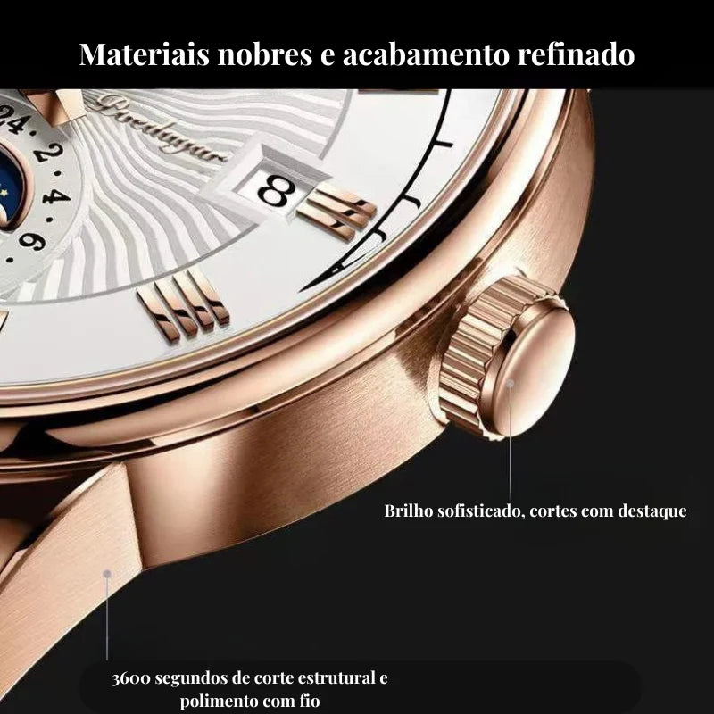Relógio masculino Poedagar Rosetti Lunare em couro, mostrador marrom — detalhe do design