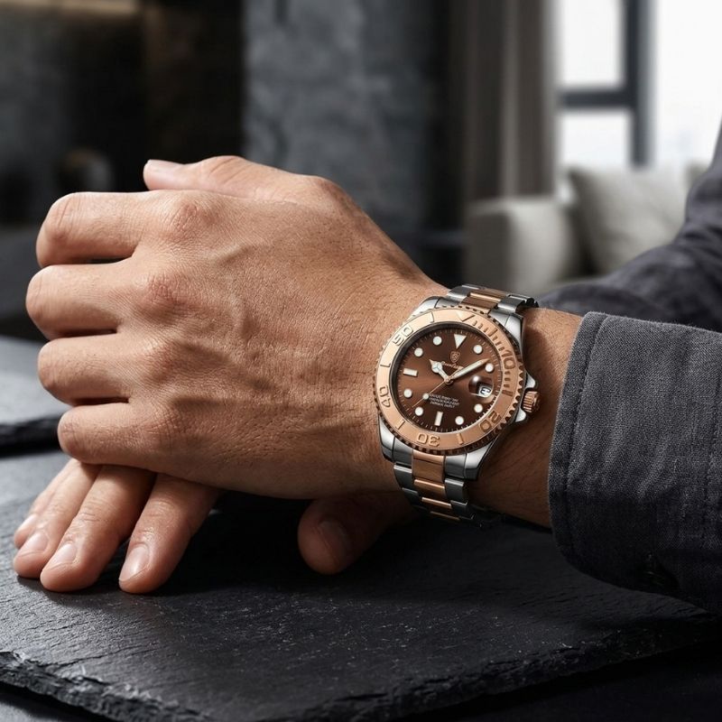 Relógio masculino Poedagar Submariner Rose Gold Brown em aço inoxidável, mostrador marrom — vista frontal
