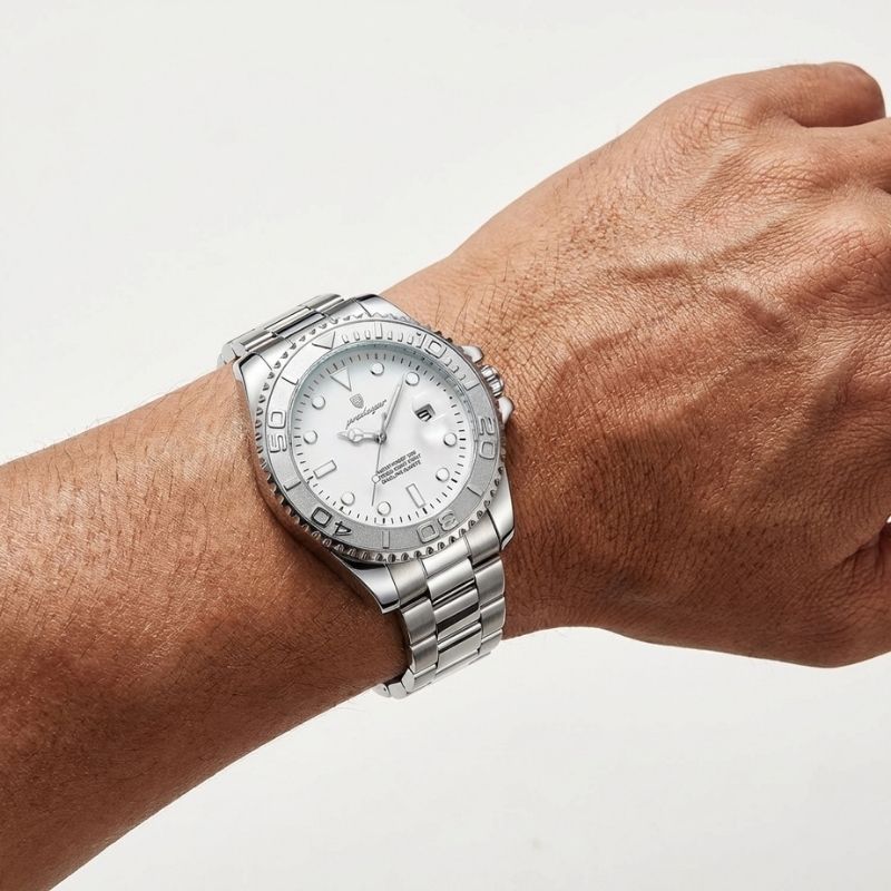 Relógio masculino Poedagar Submariner Silver White em aço inoxidável, mostrador branco — perfil lateral