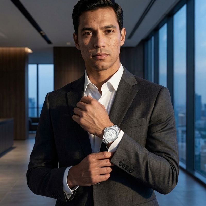Relógio masculino Poedagar Submariner Silver White em aço inoxidável, mostrador branco — vista detalhada
