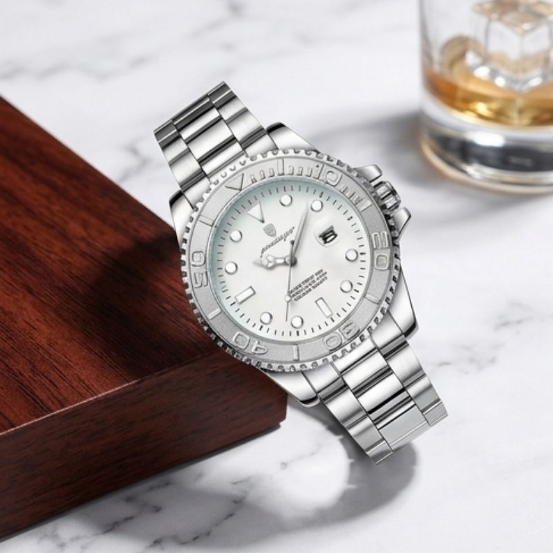 Relógio masculino Poedagar Submariner Silver White em aço inoxidável, mostrador branco — vista do conjunto