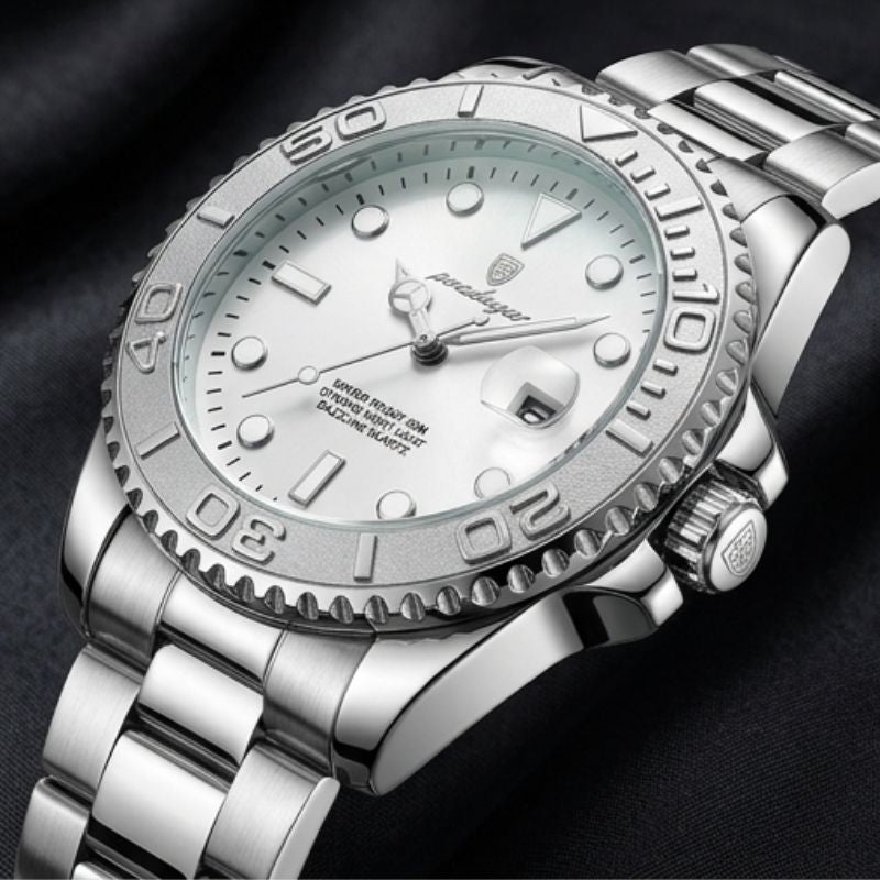 Relógio masculino Poedagar Submariner Silver White em aço inoxidável, mostrador branco — detalhe do design