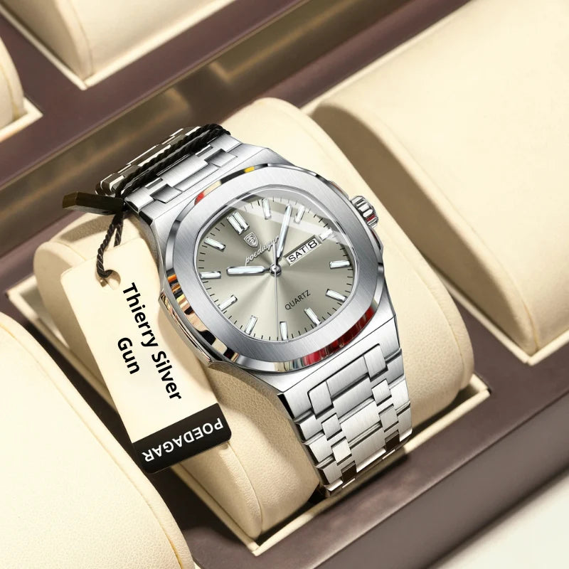 Relógio masculino Poedagar Thierry Silver Gun em aço inoxidável, mostrador prata — detalhe do design