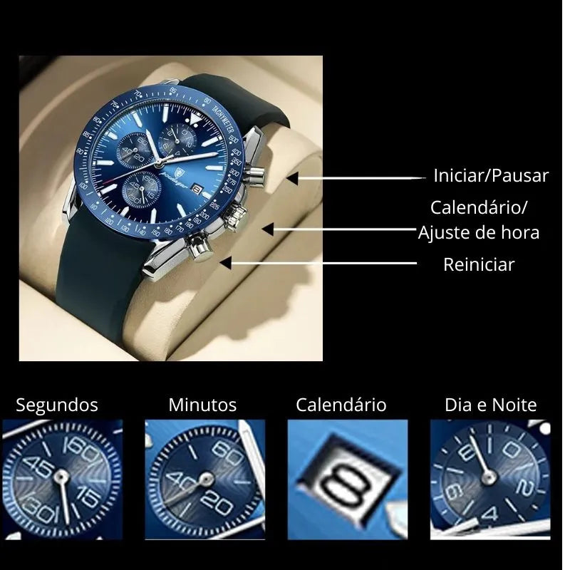 Relógio masculino Poedagar Venezia Oceano em silicone, mostrador azul-marinho — vista do conjunto