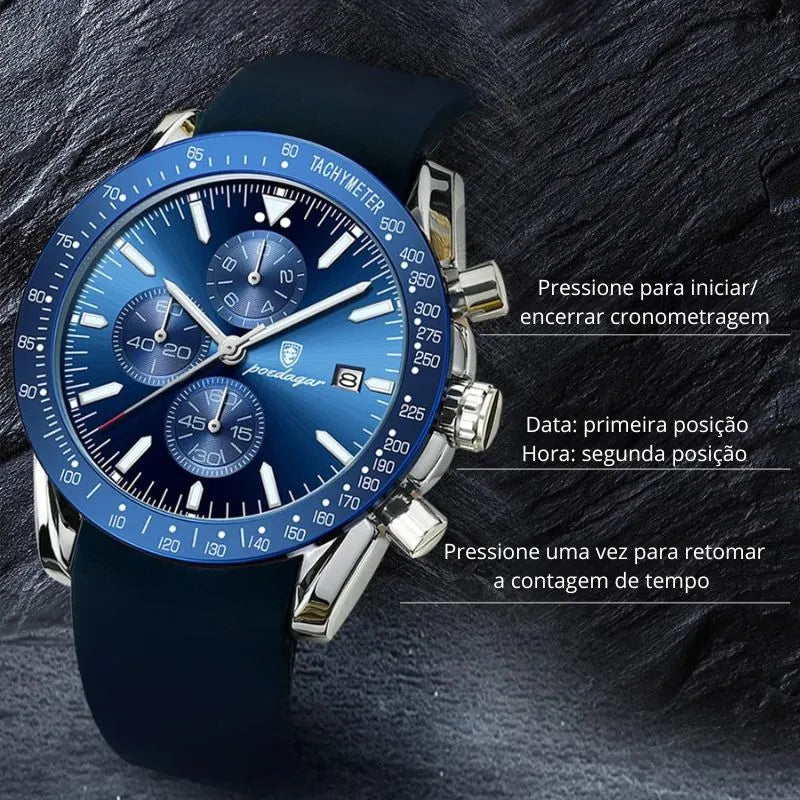 Relógio masculino Poedagar Venezia Oceano em silicone, mostrador azul-marinho — detalhe do design