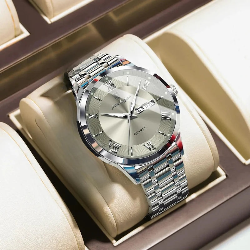 Relógio masculino Poedagar Vittorio Silver Gray em aço inoxidável, mostrador cinza — detalhe do design