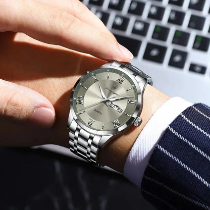 Relógio masculino Poedagar Vittorio Silver Gray em aço inoxidável, mostrador cinza — vista detalhada