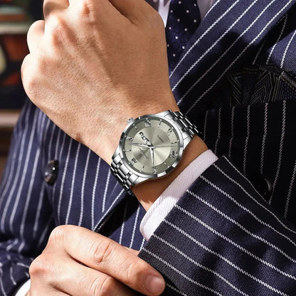 Relógio masculino Poedagar Vittorio Silver Gray em aço inoxidável, mostrador cinza — detalhe do acabamento