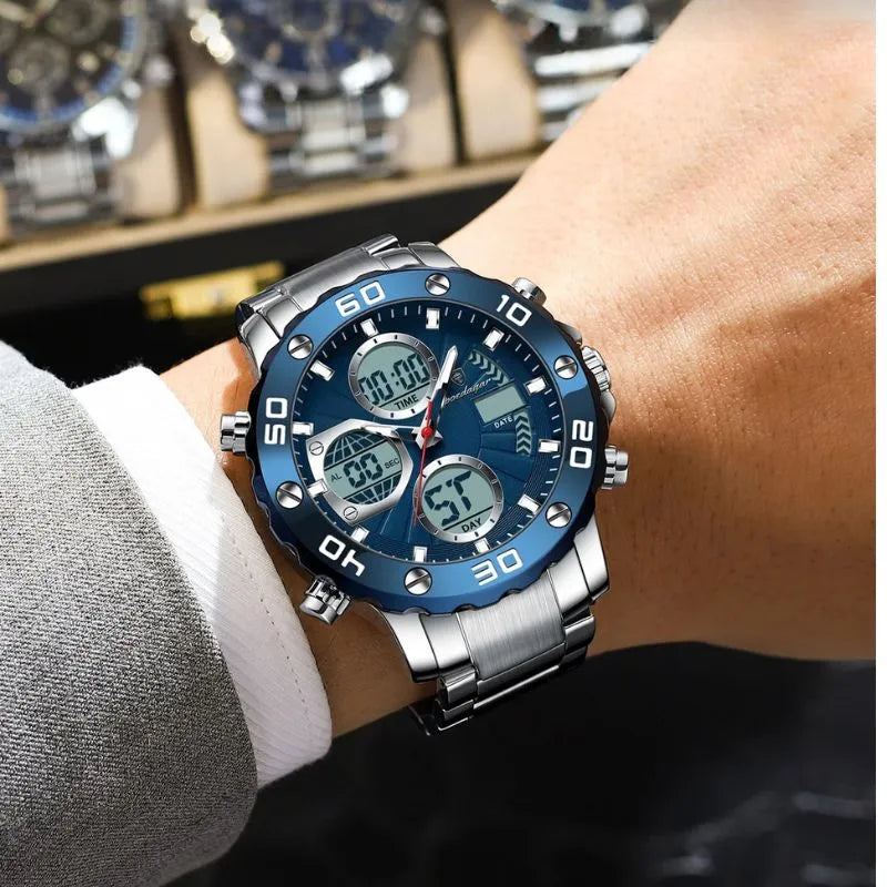 Relógio masculino Poedagar Cronos Marino em aço inoxidável, mostrador azul-marinho — detalhe do acabamento