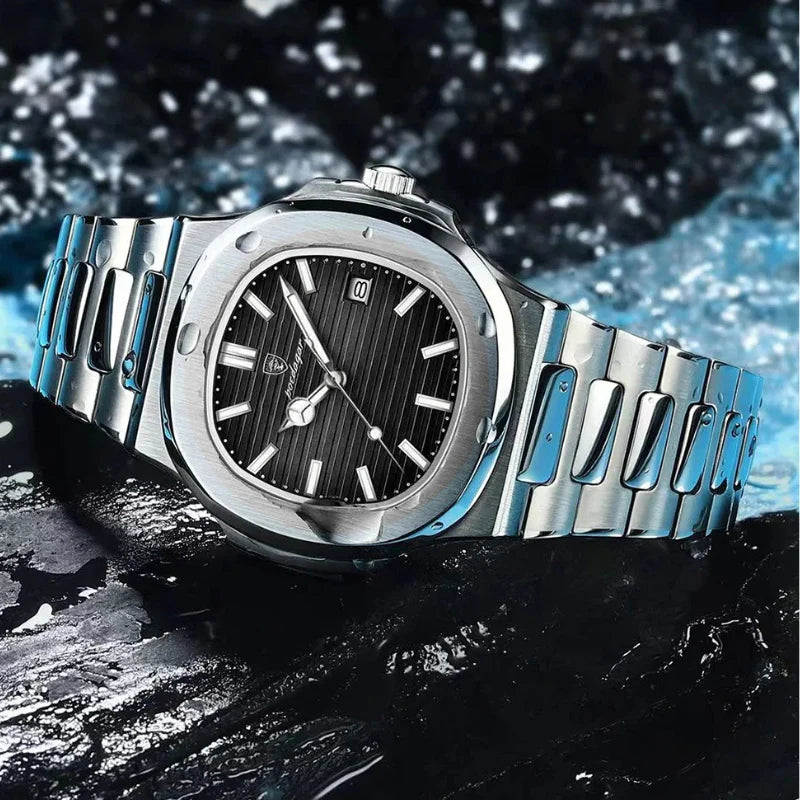 Relógio masculino Poedagar Nautilus Black em aço inoxidável, mostrador preto — outro ângulo