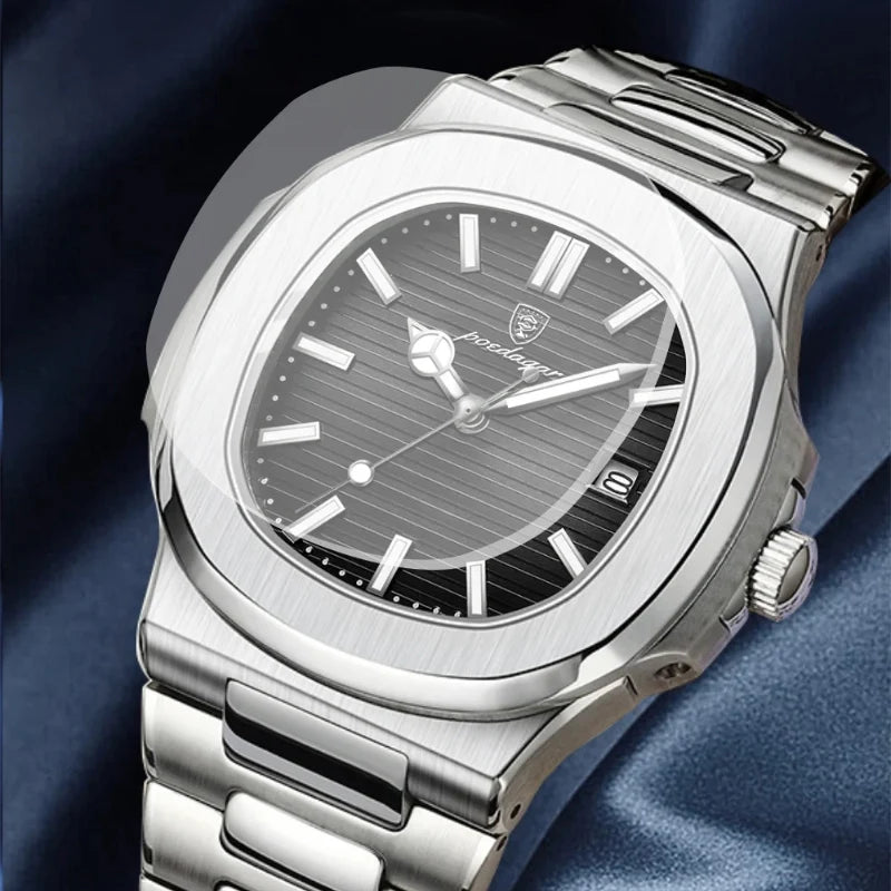 Relógio masculino Poedagar Nautilus Black em aço inoxidável, mostrador preto — detalhe do acabamento