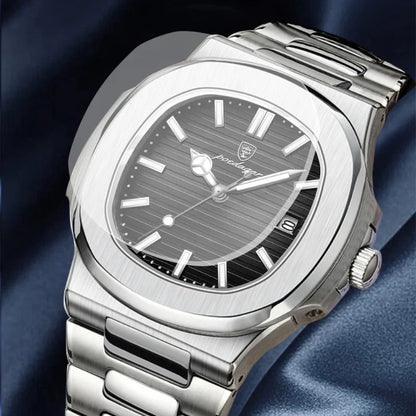Relógio masculino Poedagar Nautilus Black em aço inoxidável, mostrador preto — detalhe do acabamento