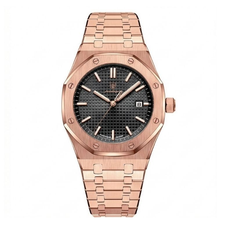 Relógio masculino Poedagar Deluxe Octagon Rosé Black em aço inoxidável, mostrador preto