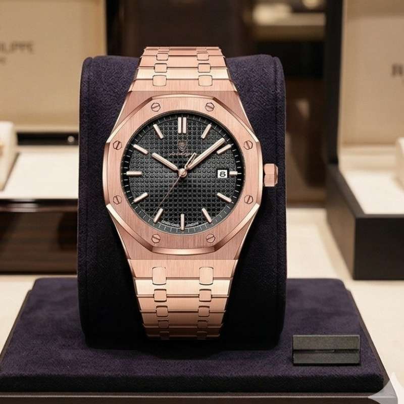 Relógio masculino Poedagar Deluxe Octagon Rosé Black em aço inoxidável, mostrador preto — outro ângulo