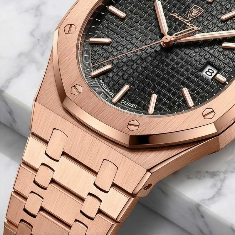 Relógio masculino Poedagar Deluxe Octagon Rosé Black em aço inoxidável, mostrador preto — vista do conjunto