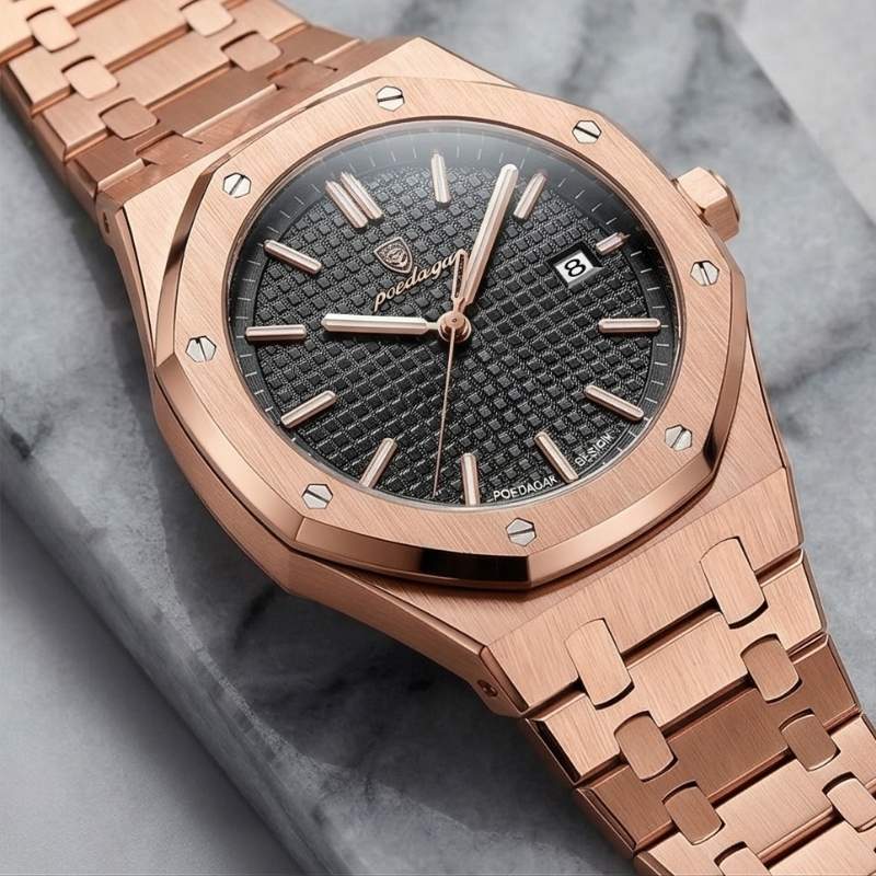Relógio masculino Poedagar Deluxe Octagon Rosé Black em aço inoxidável, mostrador preto — detalhe do design