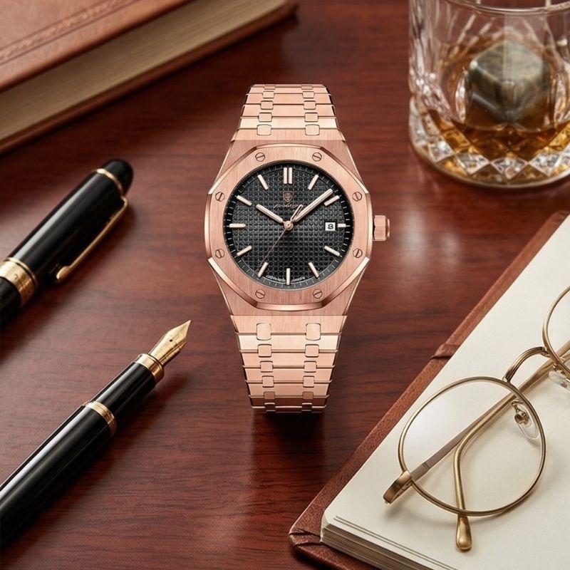 Relógio masculino Poedagar Deluxe Octagon Rosé Black em aço inoxidável, mostrador preto — imagem complementar