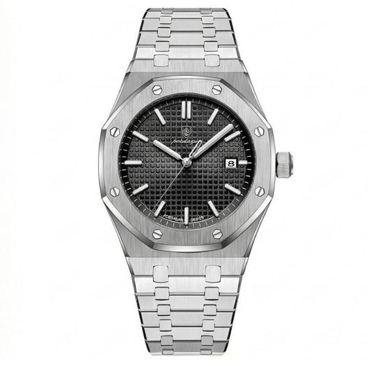 Relógio masculino Poedagar Deluxe Octagon Silver Black em aço inoxidável, mostrador preto
