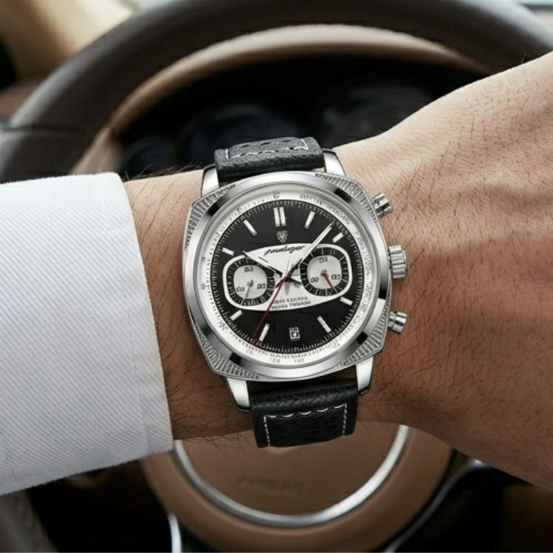 Relógio masculino Poedagar Dominium Chrono Silver Black em couro, mostrador preto — vista detalhada