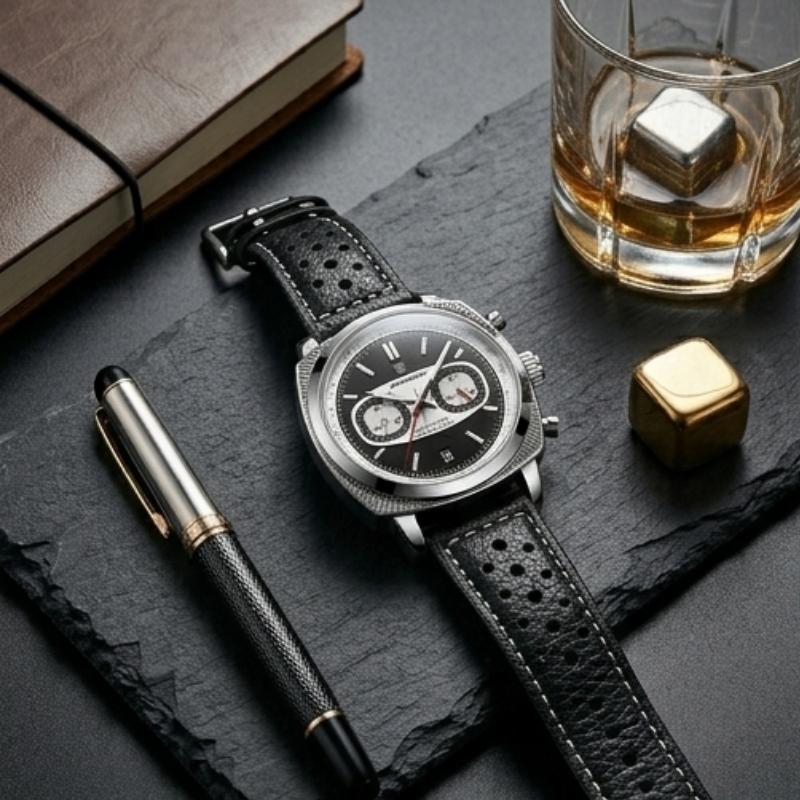 Relógio masculino Poedagar Dominium Chrono Silver Black em couro, mostrador preto — outro ângulo