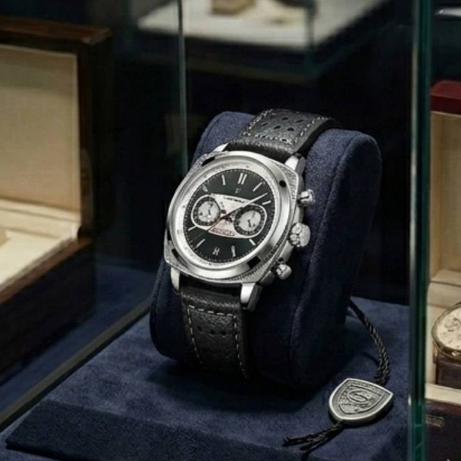 Relógio masculino Poedagar Dominium Chrono Silver Black em couro, mostrador preto — vista do conjunto