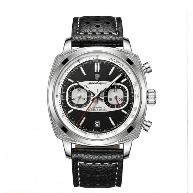 Relógio masculino Poedagar Dominium Chrono Silver Black em couro, mostrador preto