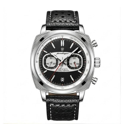 Relógio masculino Poedagar Dominium Chrono Silver Black em couro, mostrador preto