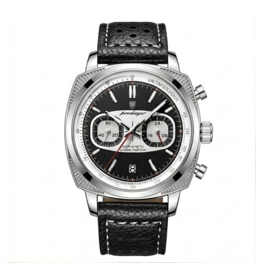 Relógio masculino Poedagar Dominium Chrono Silver Black em couro, mostrador preto