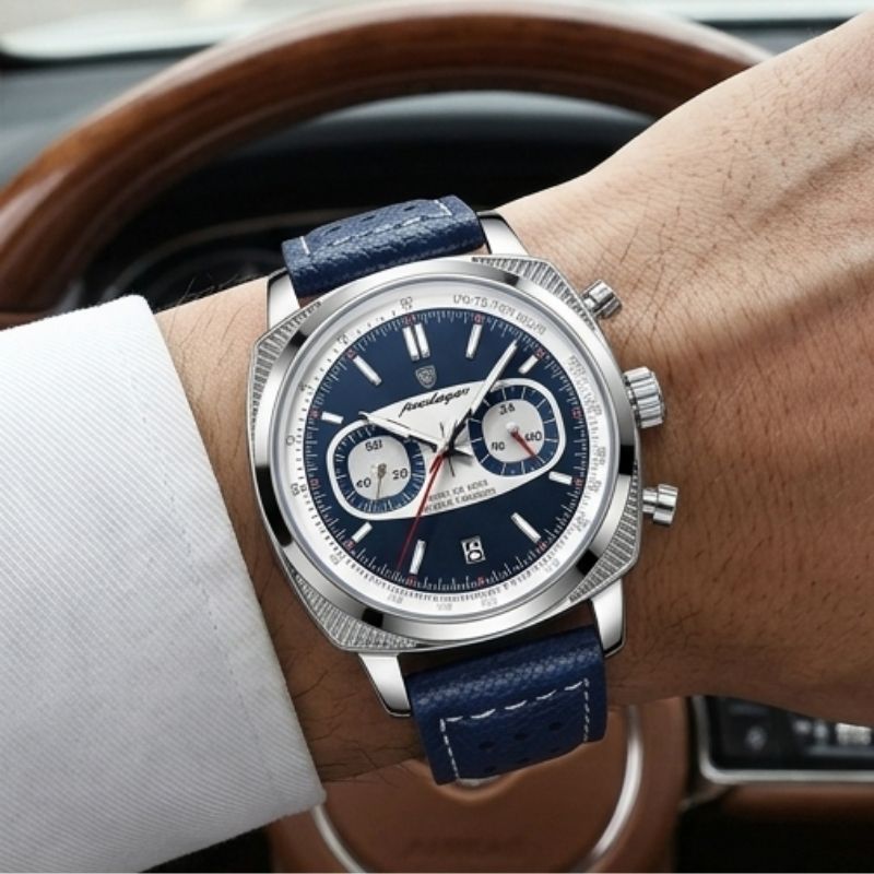 Relógio masculino Poedagar Dominium Chrono Silver Blue em couro, mostrador azul — vista do conjunto