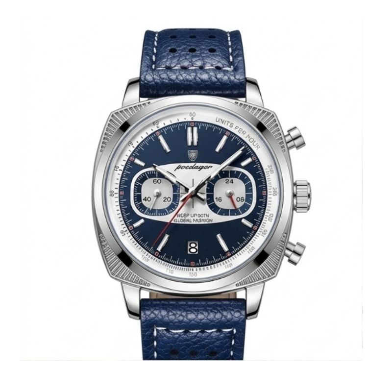 Relógio masculino Poedagar Dominium Chrono Silver Blue em couro, mostrador azul