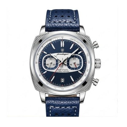Relógio masculino Poedagar Dominium Chrono Silver Blue em couro, mostrador azul