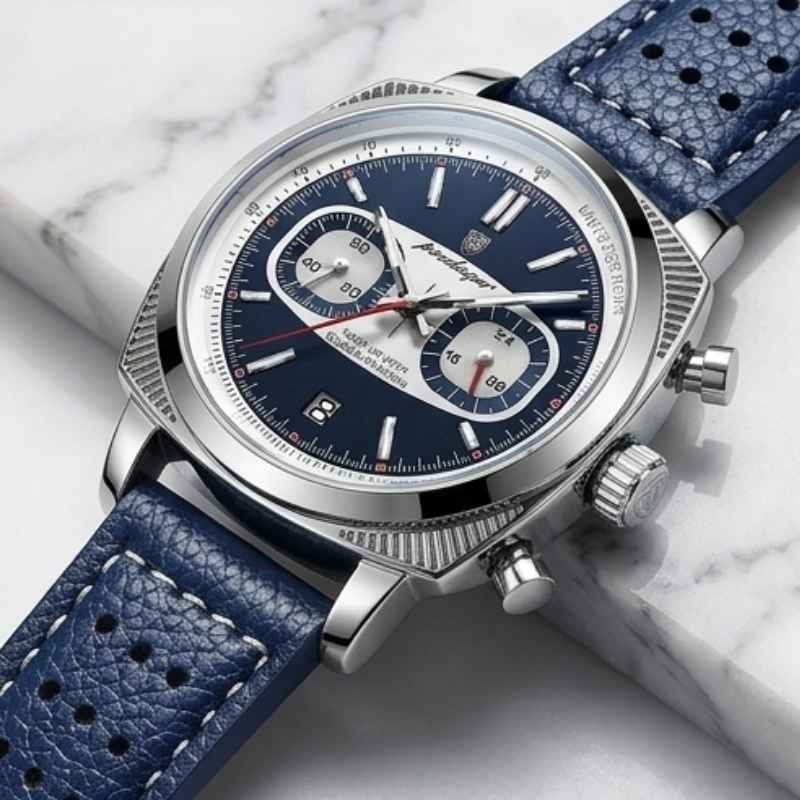 Relógio masculino Poedagar Dominium Chrono Silver Blue em couro, mostrador azul — outro ângulo