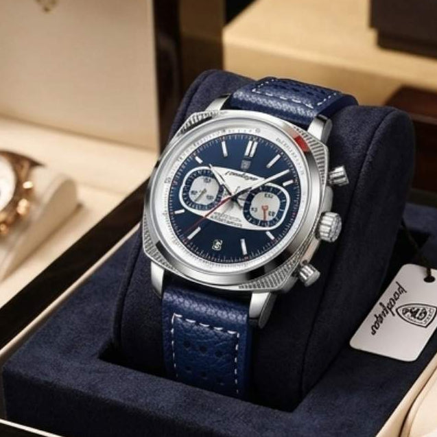 Relógio masculino Poedagar Dominium Chrono Silver Blue em couro, mostrador azul — detalhe do acabamento