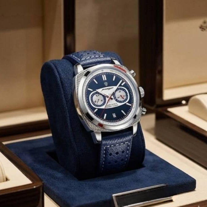Relógio masculino Poedagar Dominium Chrono Silver Blue em couro, mostrador azul — detalhe do design