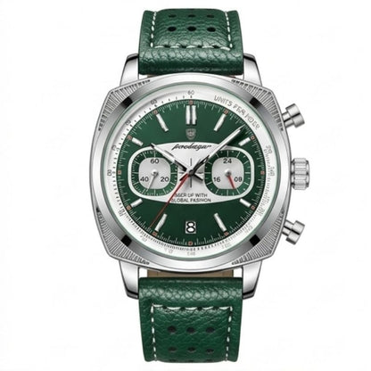 Relógio masculino Poedagar Dominium Chrono Silver Green em couro, mostrador verde