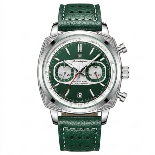 Relógio masculino Poedagar Dominium Chrono Silver Green em couro, mostrador verde