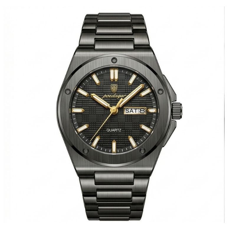 Relógio masculino Poedagar Majesty Black em aço inoxidável, mostrador preto