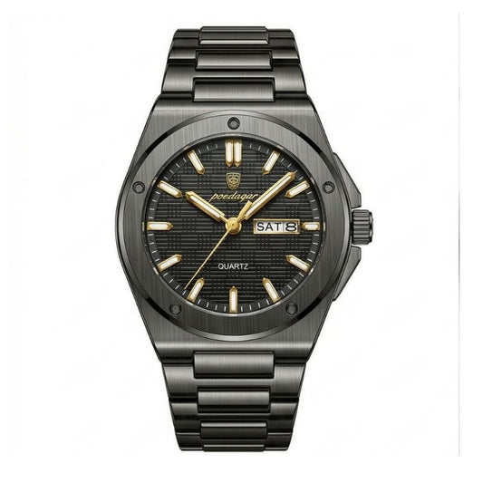 Relógio masculino Poedagar Majesty Black em aço inoxidável, mostrador preto