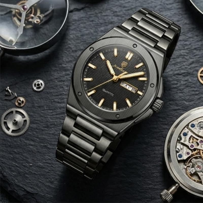 Relógio masculino Poedagar Majesty Black em aço inoxidável, mostrador preto — detalhe do design