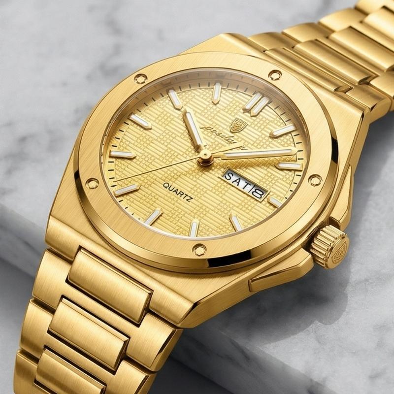 Relógio masculino Poedagar Majesty Gold em aço inoxidável, mostrador dourado — outro ângulo